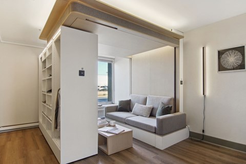 a living room with a couch and a book shelf